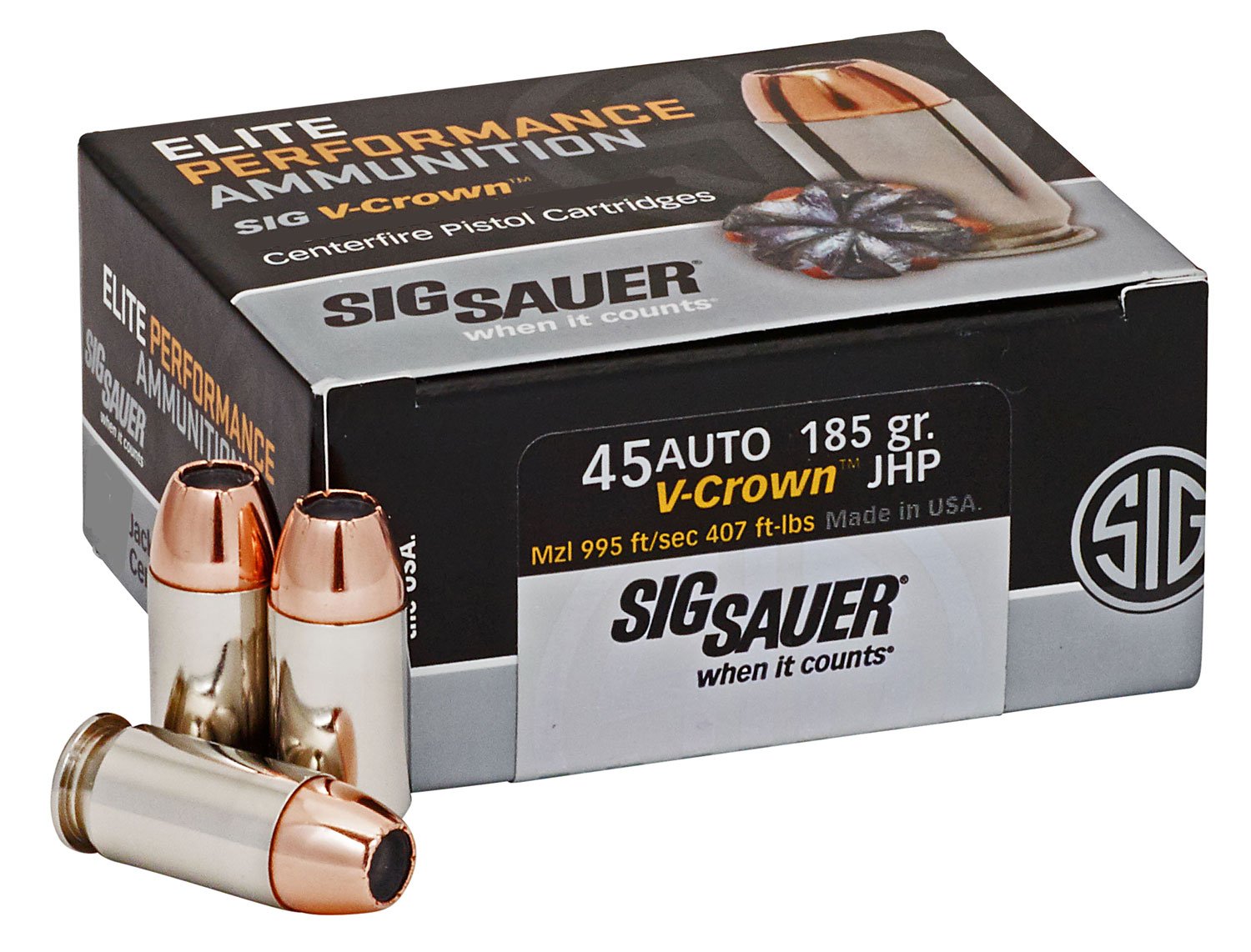Sig Sauer E45AP050 Elite Performance 45ACP 185gr V-Crown Jacketed Hollow Point 50 Per Box/10 Case