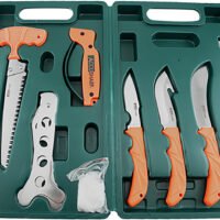 AccuSharp 728C Game Processing Kit Butcher/Caper/Gut-Hook/Bone Saw/Ribcage Spreader Gut Hook/Saw/Plain Stainless Steel Blade Orange FRN Handle