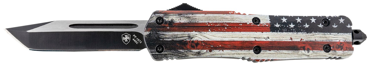 Templar Knife LWUS231 Gen II Wood US Flag Large 3.50" OTF Tanto Plain Black Oxide Stonewashed 440C SS Blade, 5.25" Painted Wood Grain US Flag Aluminum Handle, Glass Breaker