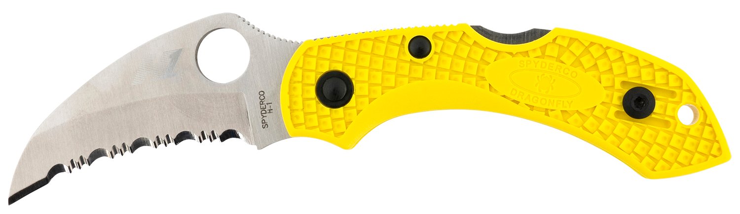 Spyderco C28SYL2HB Dragonfly 2 Salt 2.30" Folding Hawkbill Serrated H2 Steel Blade Yellow FRN Handle, Includes Pocket Clip