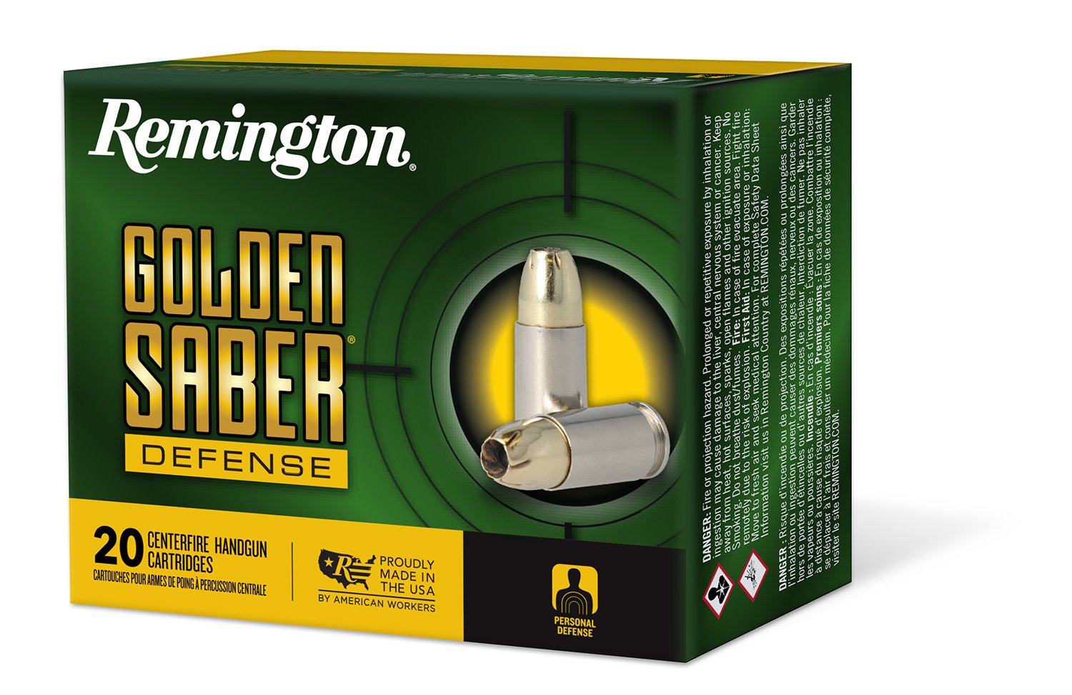 Remington Ammunition 27609 Golden Saber Defense 45ACP 185gr Brass Jacketed Hollow Point 20 Per Box/25 Case