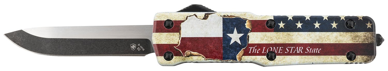 Templar Knife SZTX321 Premium Weighted Texan Small 3" OTF Drop Point Plain Black Oxide Stonewashed D2 Steel Blade, 4.50" Red/White/Blue w/"The LONE STAR State" Aluminum Zinc Alloy Handle
