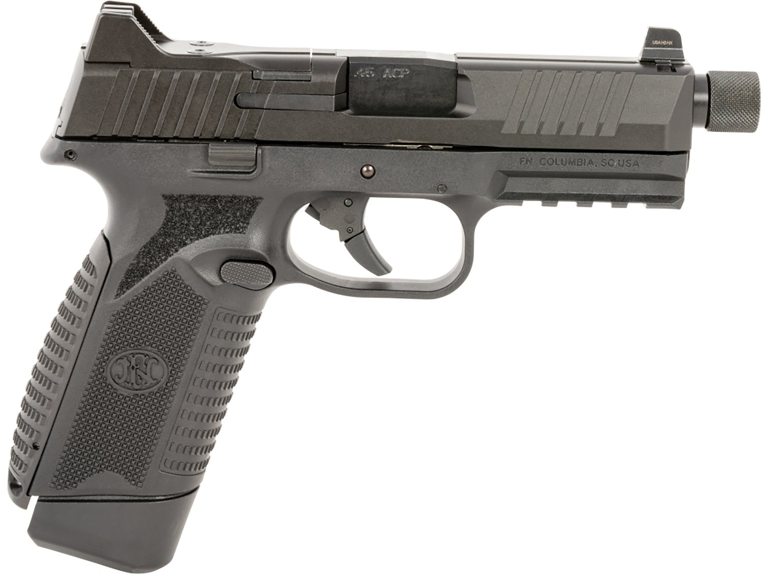 FN 66101385 545 Tactical 45 ACP 10+1 4.71" Black Target Crown/Threaded Steel Barrel, Black Optic Cut/Serrated Steel Slide & Polymer Frame w/Picatinny Rail, Ambidextrous