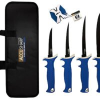 AccuSharp 737C Knife Kit  4.75/5.50/6.50/8" Fixed Fillet Plain Satin Stainless Steel Blade/ Blue Non-Slip Grip TPR Handle Includes 2-Step Sharpener