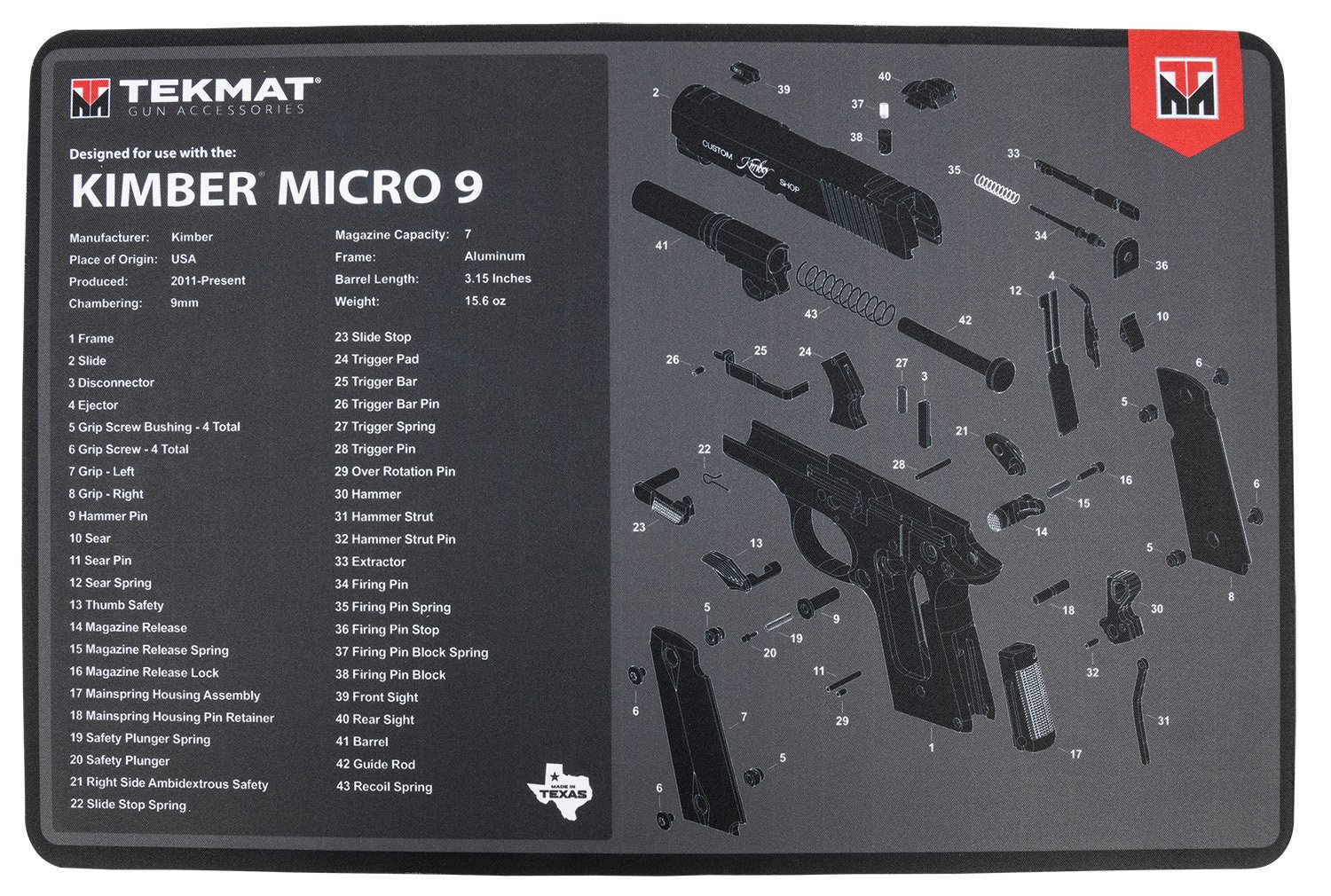TekMat TEKR17KIMBERMCR9 Kimber Micro 9 Cleaning Mat Black/Gray Rubber 11"x17" Kimber Micro 9 Diagram
