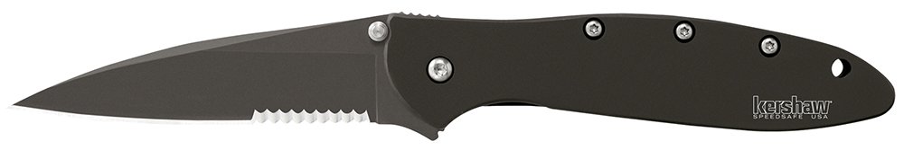 Kershaw 1660CKTST Leek 3" Folding Modified Drop Point Part Serrated Black DLC 14C28N Steel Blade Black DLC 410 Stainless Steel Handle Includes Pocket Clip