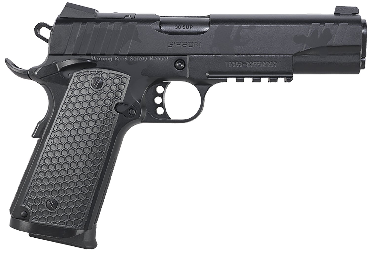 Girsan 391159 MC1911 S Influencer Full Size 38 Super 9+1 5" Black Steel Barrel, Black Camo Optic Ready/Serrated Steel Slide & Frame w/Picatinny Rail & Beavertail, Black Polymer Grip