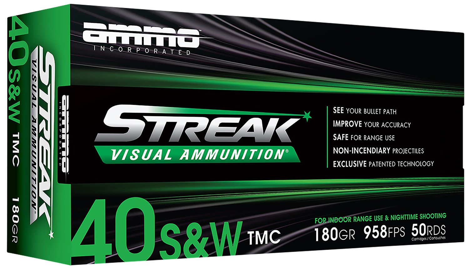 Ammo Inc 40180TMCSTRKGRN50 Streak Visual (GREEN) 40S&W 180gr Total Metal Case 50 Per Box/20 Case