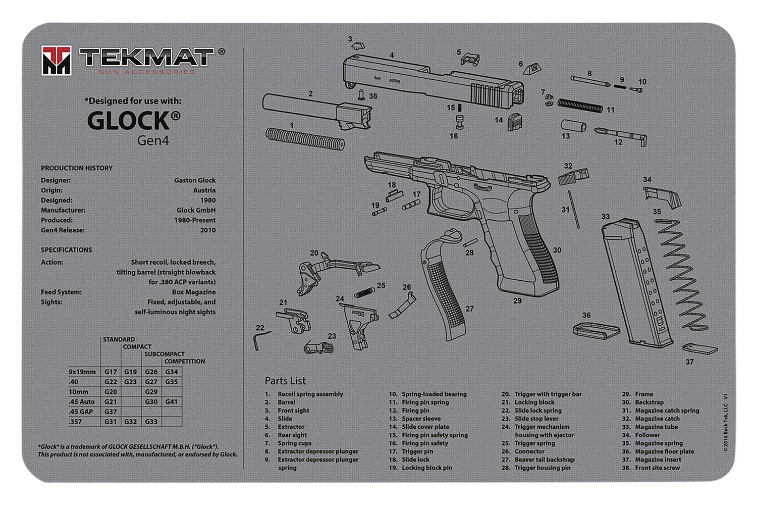 TekMat TEKR17GLOCKG4GY Glock Gen 4 Cleaning Mat Gray Rubber 11"x17" Glock Gen 4 Parts Diagram