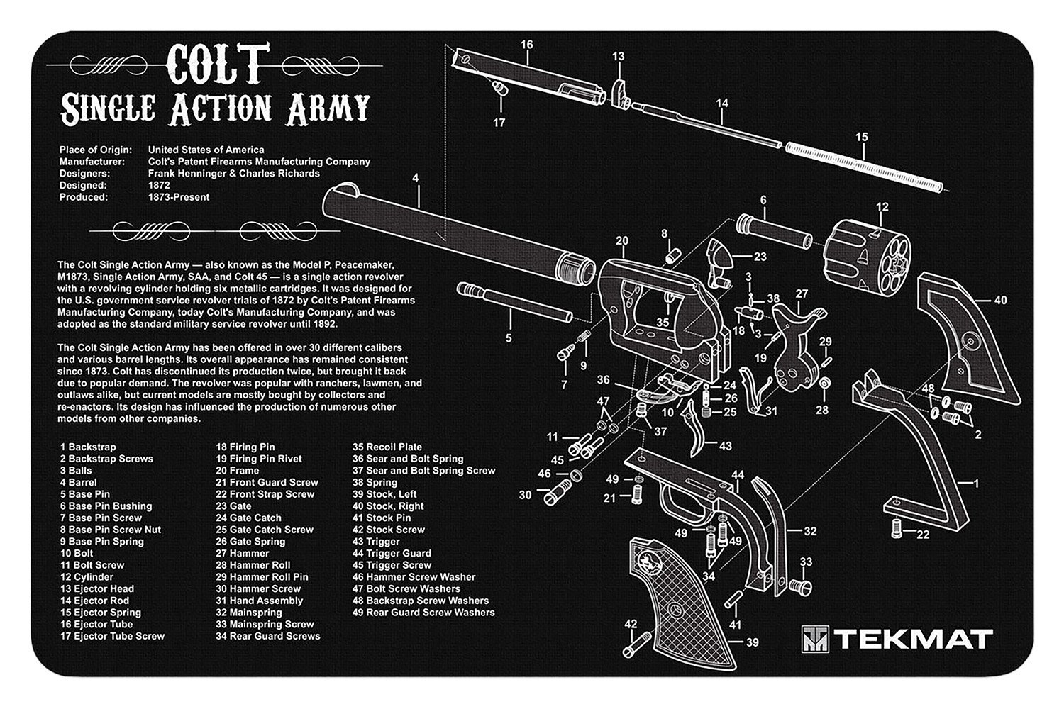 TekMat TEKR17SAA Cleaning Mat Black/White Rubber 11"x17" Colt Revolver Army Parts Diagram