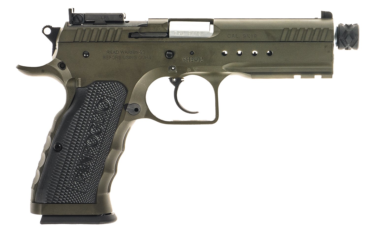 Tanfoglio Defiant Tactical Pro 9mm Luger 20+1 4.50" Stainless Threaded Barrel, Green Steel Optic Ready/Ported/Serrated Slide, Green Steel Frame w/Beavertail & Picatinny Rail, Black Polymer Grip