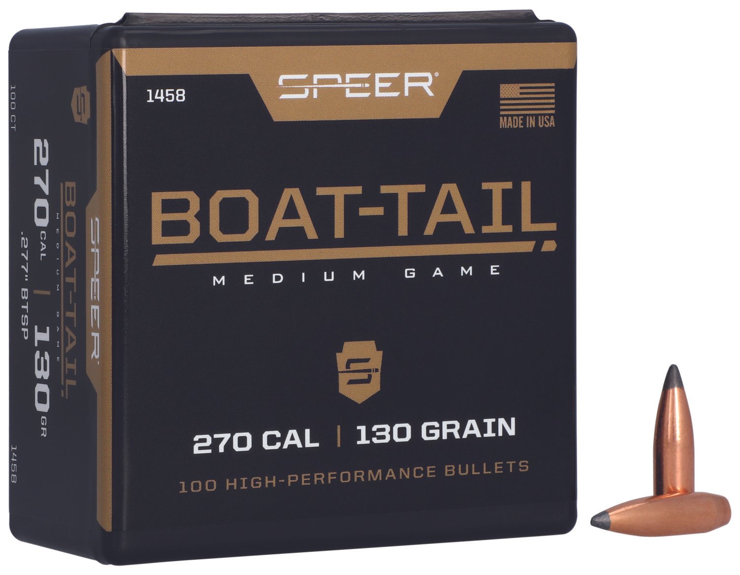 Speer 1458 Boat-Tail 270Cal 130gr Spitzer Boat Tail Soft Point 100 Per Box/5 Case