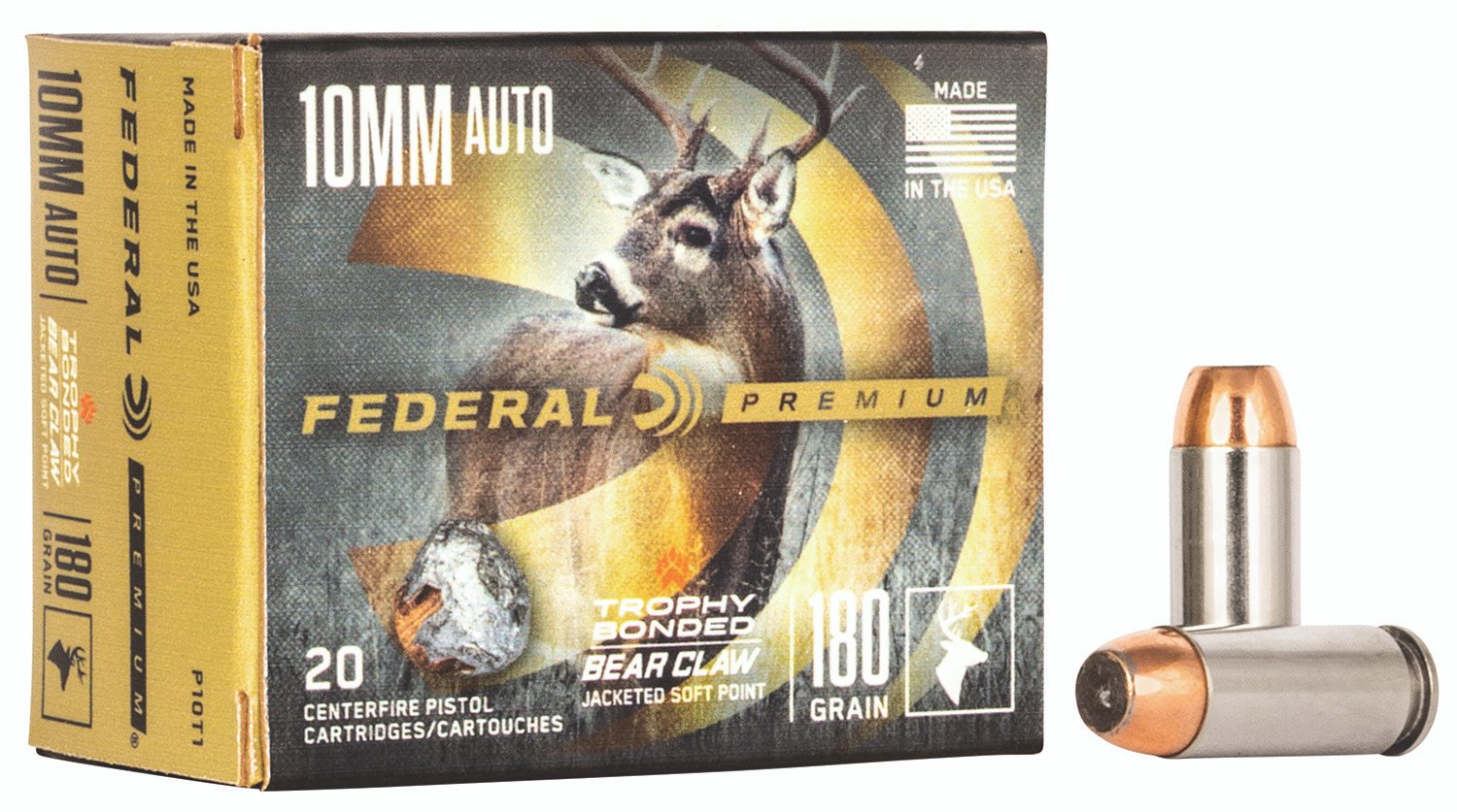 Federal P10T1 Premium 10mmAuto 180gr Trophy Bonded Bear Claw Jacketed Soft Point 20 Per Box/10 Case
