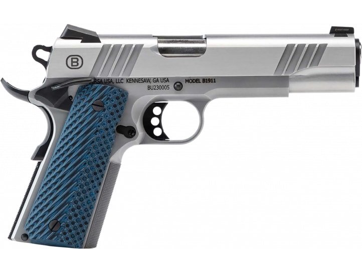 Bersa B1911 Pistol - Brushed Stainless | .45 ACP | 5" Barrel | 8rd | Blue Grips