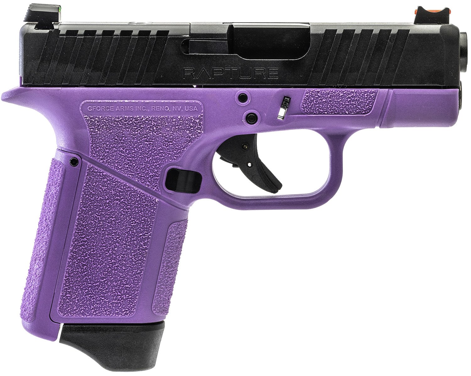 Gforce Arms GF932512PUB Rapture Sub-Compact Frame 9mm Luger 12+1 3.25" Black Steel Barrel, Black Optic Cut/Serrated Steel Slide, Purple Cerakote Polymer Frame