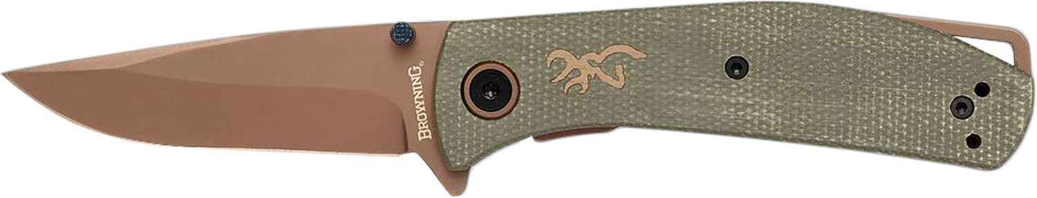 Browning 3220516 Trailside EDC Small 3" Folding Modified Drop Point Plain Titanium Finish D2 Steel Blade, Green Micarta Handle