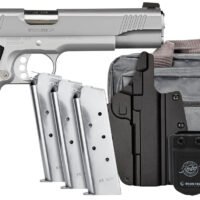 Kimber Mfg, Inc 3700826 Stainless LW Club Bundle Full Size Frame 45 ACP 7+1 5" Stainless Match Grade Barrel, Serrated Stainless Steel Slide, Stainless Aluminum Frame w/Beavertail, Black Textured Grip