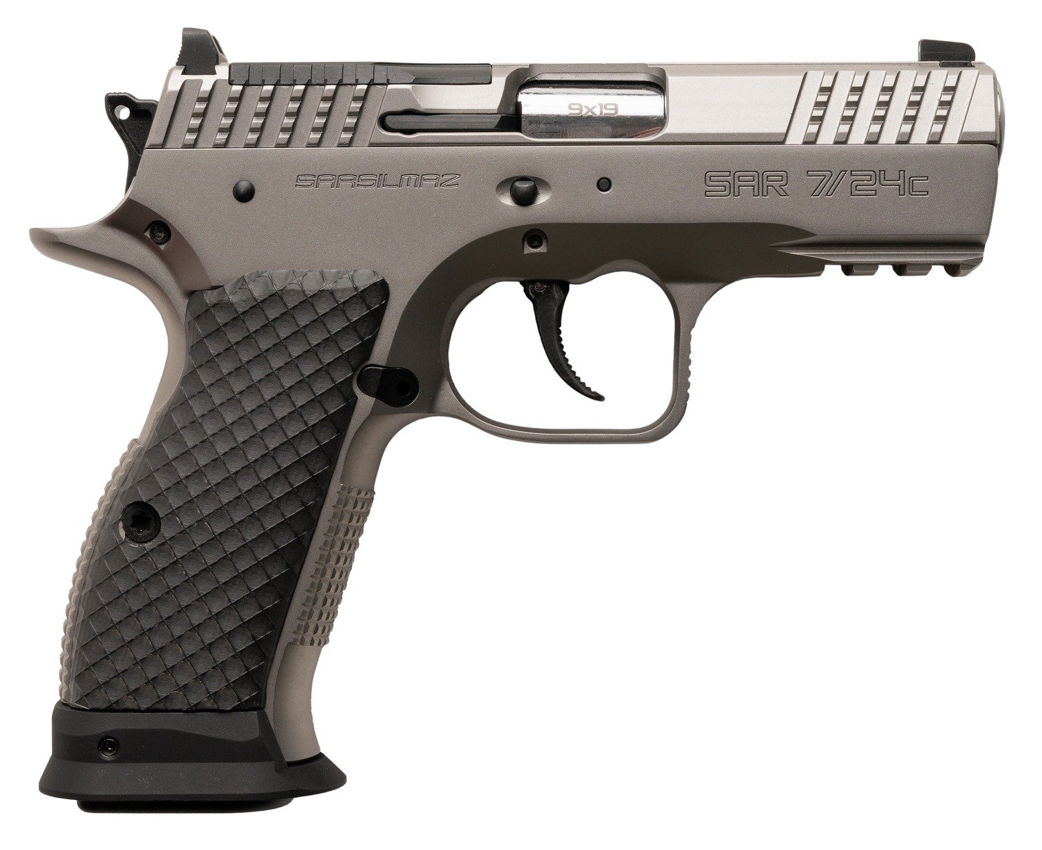 Sarsilmaz SAR7/24C 7/24 Compact 9mm Luger 17+1 Matte Stainless Steel Frame w/Beavertail & Picatinny Rail, Black Polymer Grip