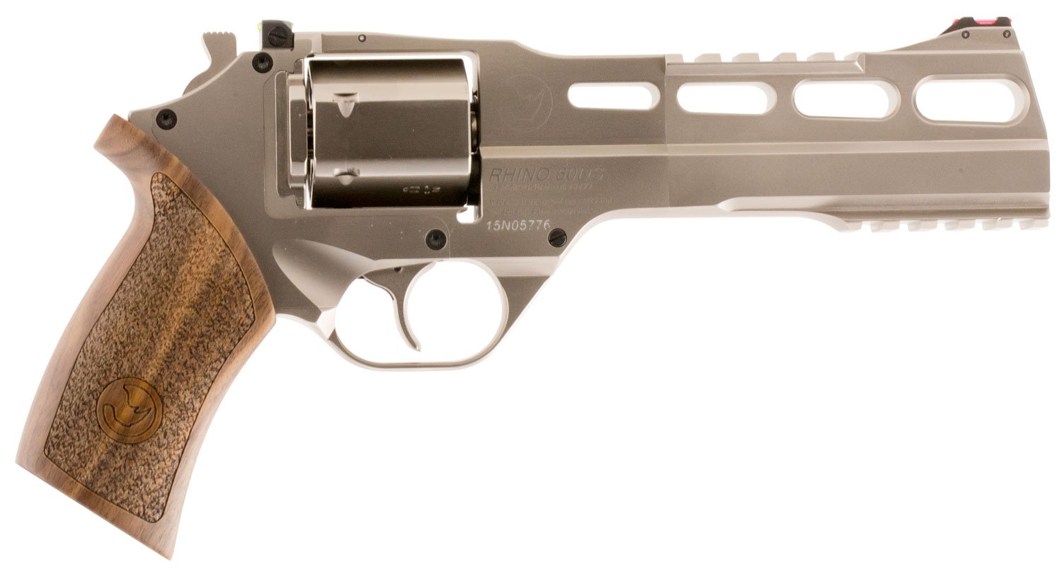 Chiappa Firearms 340224 Rhino 60DS Small Frame 357 Mag 6 Shot, 6" Nickel-Plated Steel Vent Rib Barrel & Cylinder, Nickel-Plated Aluminum Frame, Walnut Grip, Concealed Hammer