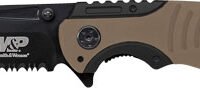 S&W KNIFE M&P INDEX FLIPPER - 3.5" BLACK/DESERT TAN CLIP PT
