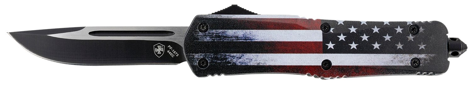Templar Knife LUS331 Gen II US Flag Large 3.50" OTF Drop Point Plain Black Oxide Stonewashed 440C SS Blade, 5.25" US Flag Aluminum Handle, Glass Breaker