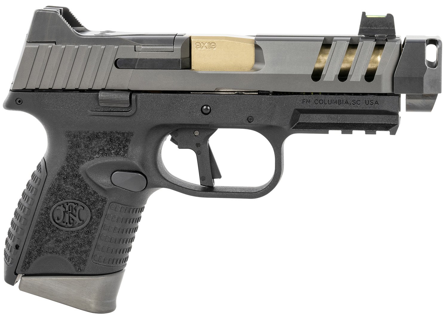 FN 66101350 509 CC Edge 9mm Luger 10+1 (3) 4.20" Threaded Gold Barrel, Black Frame, Graphite Optic & Lightening Cut Slide, Optic Height Fiber Optic Sights, Compensator (No Manual)