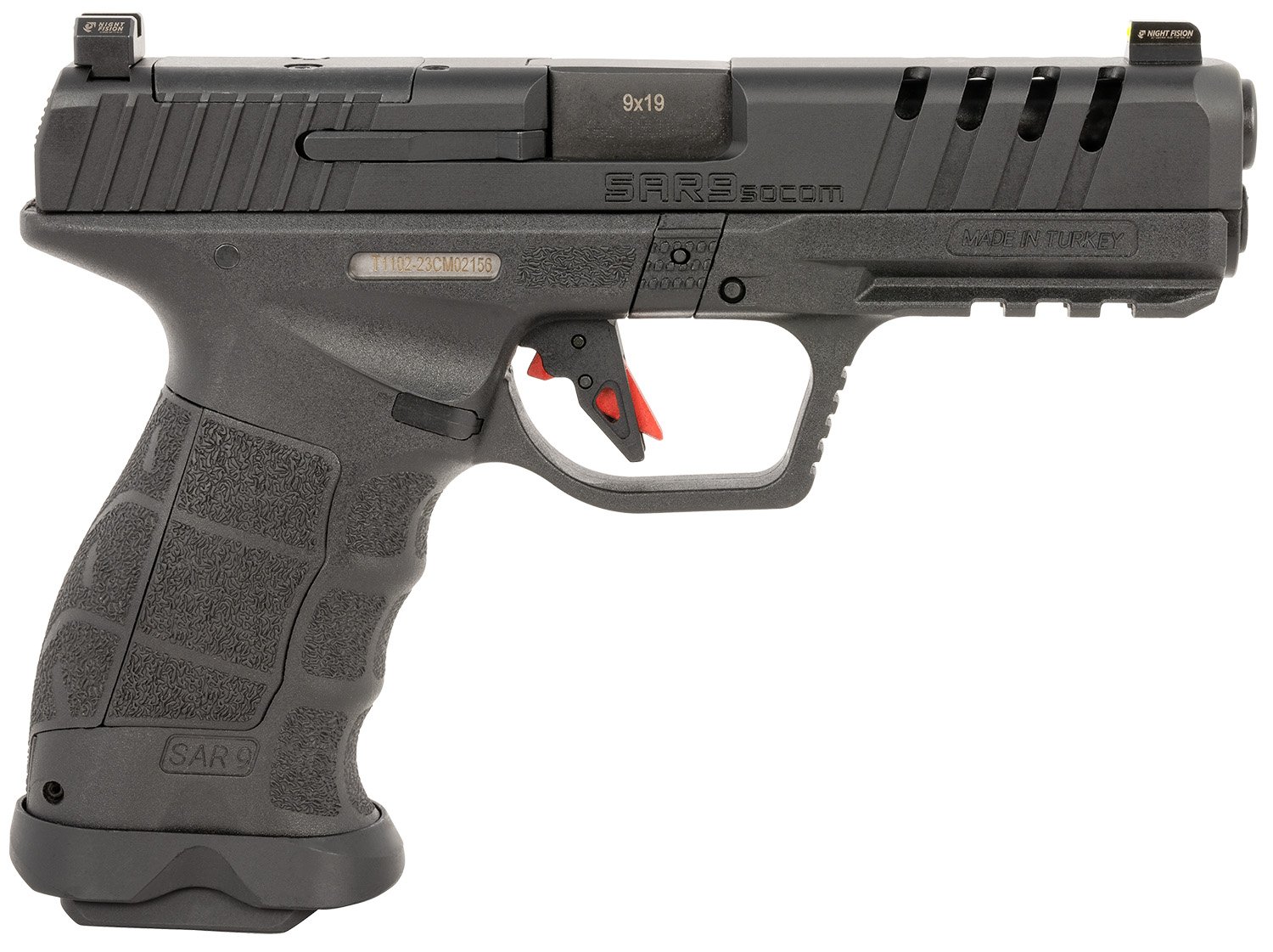 SAR USA SAR9SOCOMBL SAR9 SOCOM 9mm Luger 21+1 5.20" Black Steel Barrel, Black Steel Optic Ready/Ported/Serrated Slide, Black Polymer Frame w/Picatinny Rail, Interchangeable Backstrap Grip, Right Hand