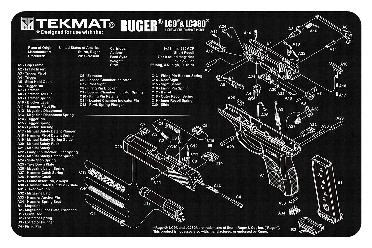 TekMat TEKR17RUGERLC9 Ruger LC9 Cleaning Mat Black/White Rubber 11"x17" Ruger LC9 Parts Diagram