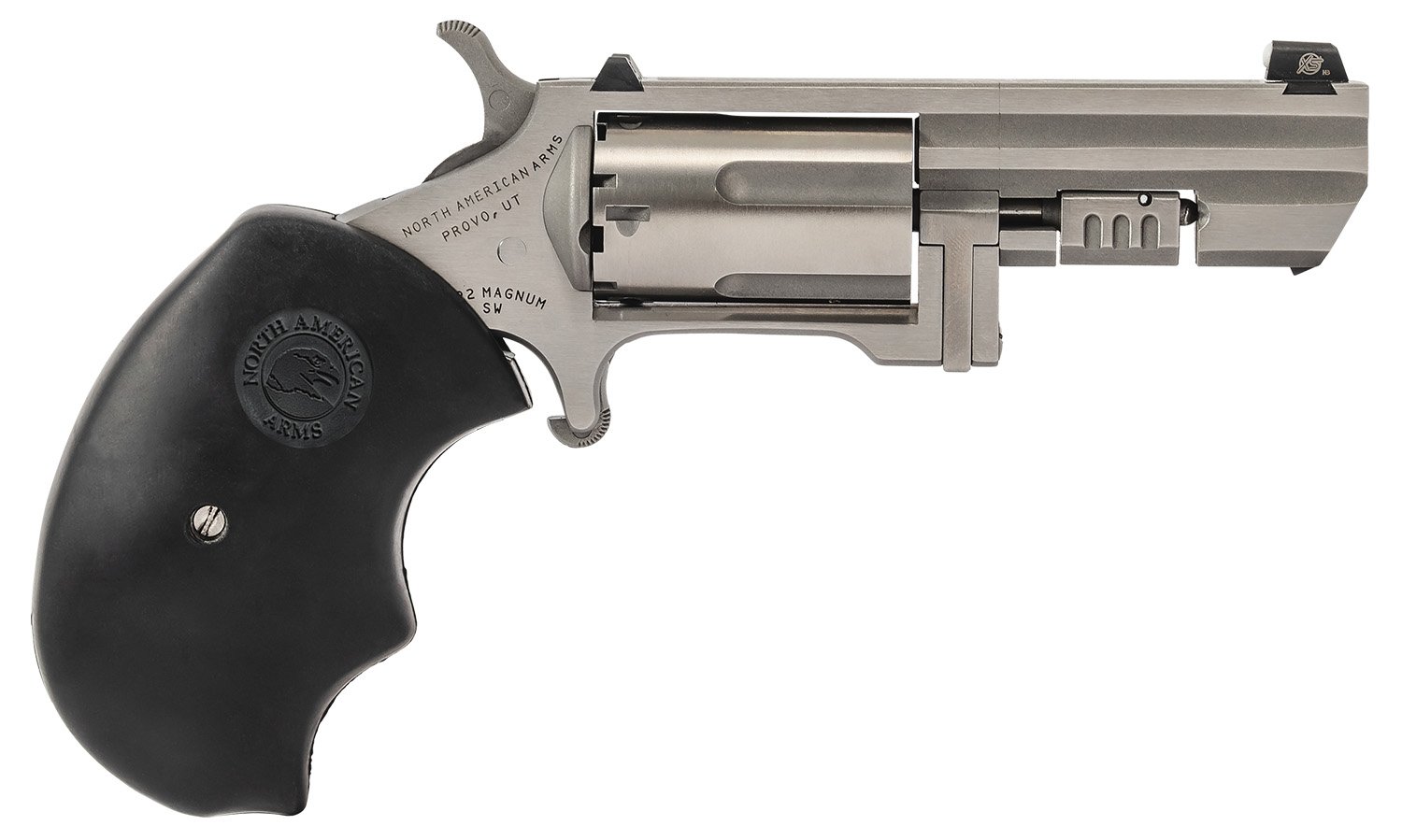North American Arms RECLUSE Swing Out Recluse 22 Mag 5 Shot 2" Stainless Steel Barrel, Cylinder & Frame, Oversized Rubber Grip, Exposed Hammer