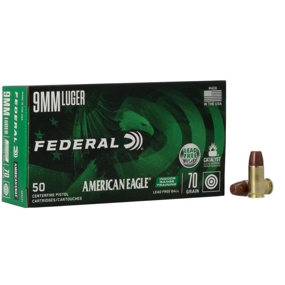 Federal American Eagle IRT Lead Free Handgun Ammunition 9mm Luger 70gr FMJ 1625 fps 50/ct