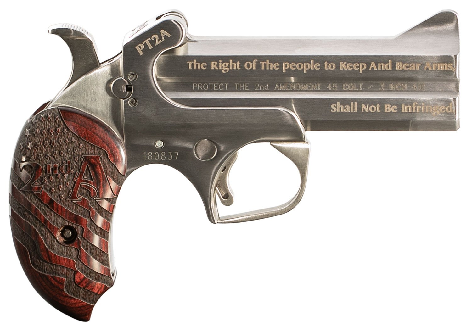 Bond Arms PT2A Protect the 2nd Amendment Derringer Single 45 Colt (LC)/410 Gauge 2rd 4.25" Engraved Barrel, Stainless Steel Finish, Blade Front/Fixed Rear Sights, Extended Engraved Rosewood Grip, Man