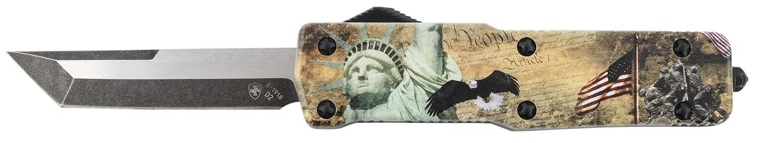Templar Knife SZLIB221 Premium Weighted Liberty Small 3" OTF Tanto Plain Black Oxide Stonewashed D2 Steel Blade, 4.50" Gold w/Statue of Liberty/Flag/Eagle Aluminum Zinc Alloy Handle