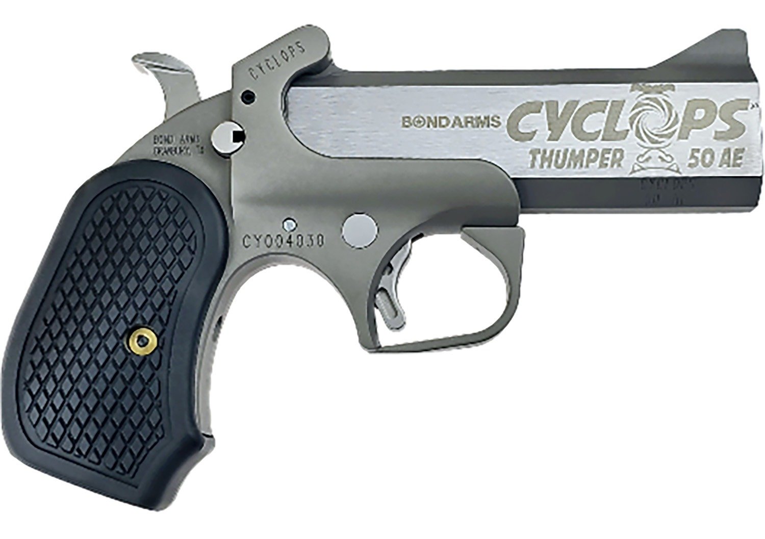 Bond Arms BACY Cyclops Thumper 50 AE 1 Shot 4.25" Black/SS Stainless Steel Barrel, Black Rough & Tumble Stainless Steel Frame, Black B6 Resin Grips