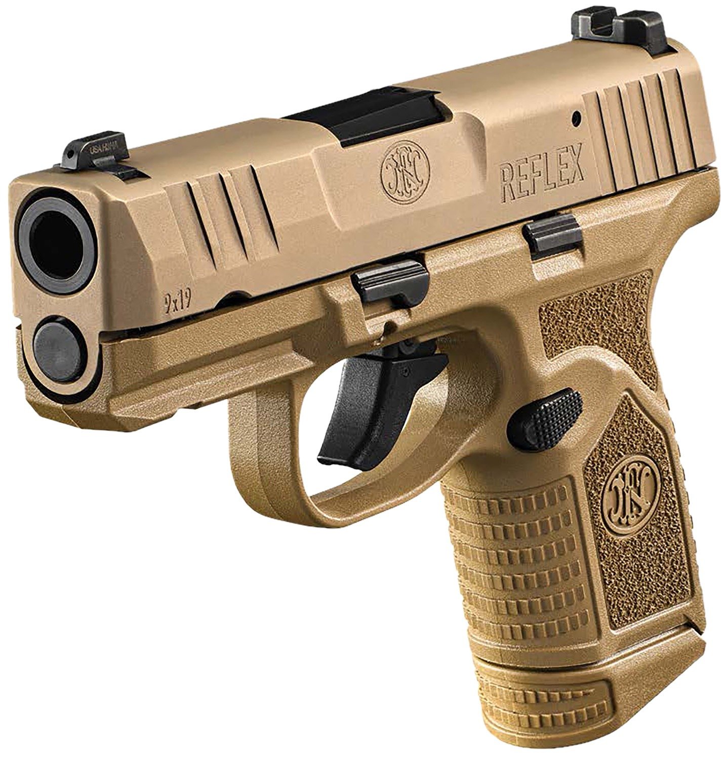 FN 66101421 Reflex 9mm Luger 10+1 3.30" Micro-Compact Frame Flat Dark Earth PVD Serrated Steel Slide w/Picatinny Rail Stippled Grip Ambidextrous