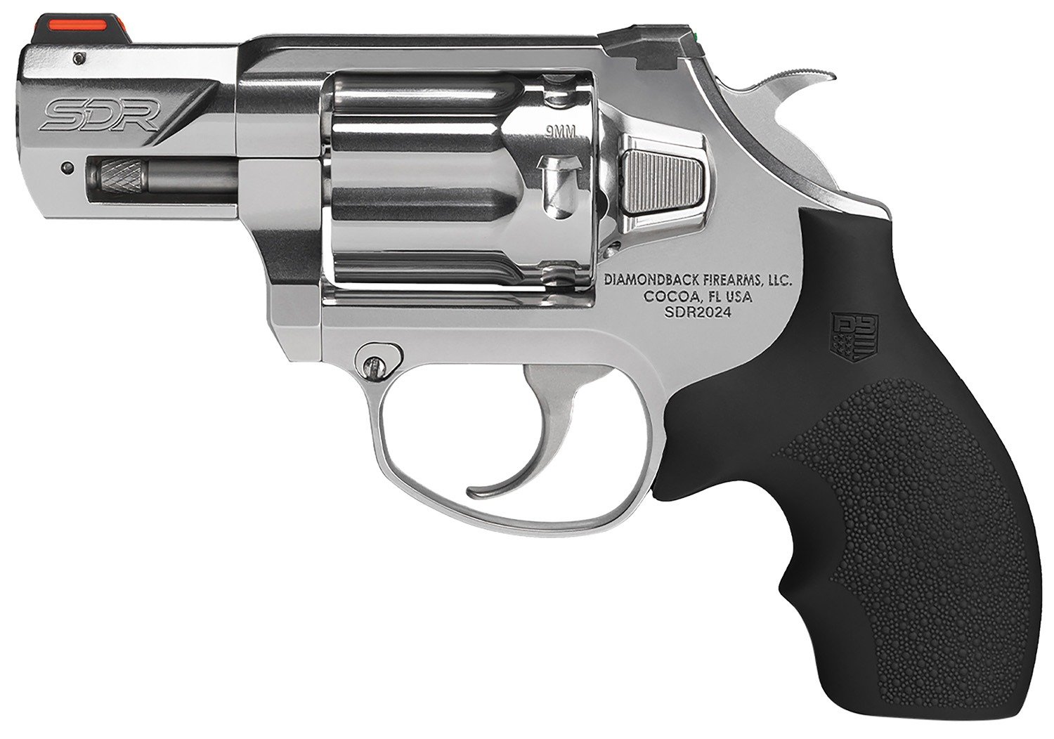 Diamondback DB0700P701 SDR Small 9mm Luger +P 6 Shot 2" Polished Stainless Steel Barrel & Frame, Stainless Steel Cylinder, Black Hogue Rubber Grip, Exposed Hammer