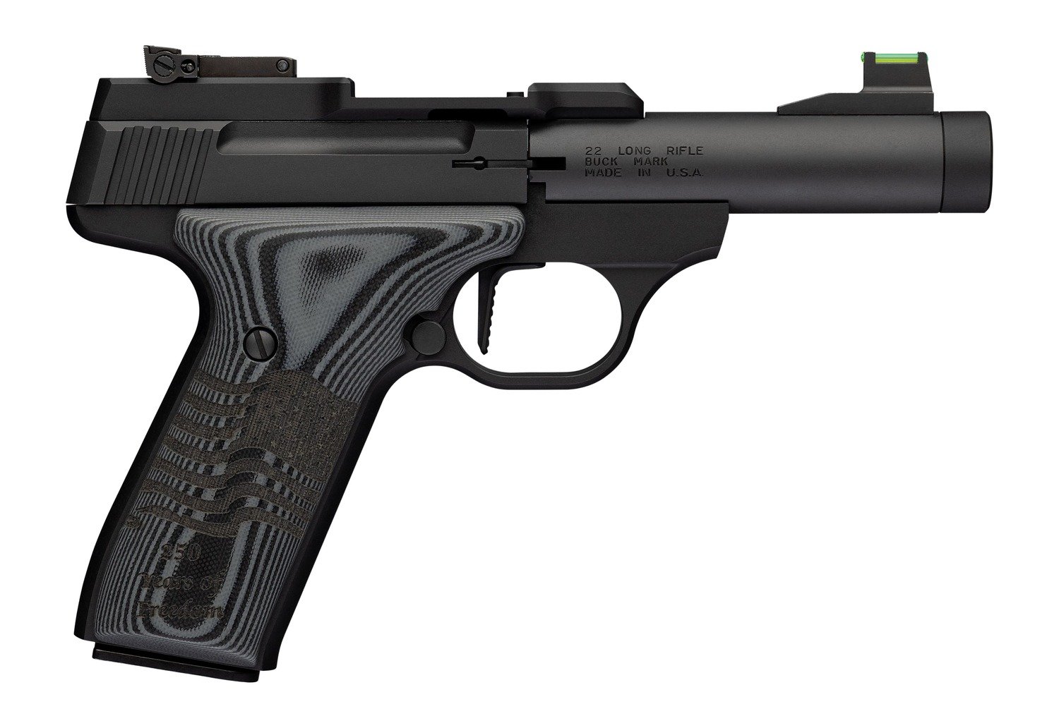 Browning 051611490 Buck Mark Black Label 250 SR 22 LR 10+1 4" Matte Black Bull Threaded Barrel, Optics Cut Receiver, Matte Black Aluminum Frame, Black G10 Grip w/ Inscribed Waving Flag, RMSc Footprin