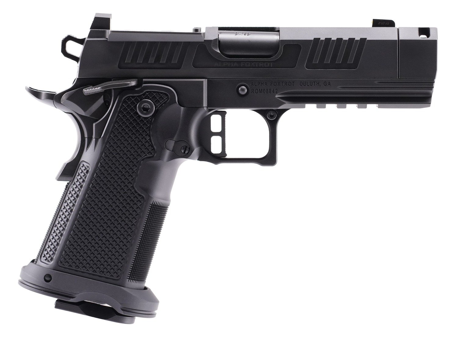 Alpha Foxtrot AA47X1QIG-XDBK19 AF1911 Romulus 9mm Luger 20+1 3.50" Black DLC Stainless Steel Threaded Compensated Barrel, Optic Ready/Serrated Slide & Frame w/Beavertail & Picatinny Rail, Aluminum Gri