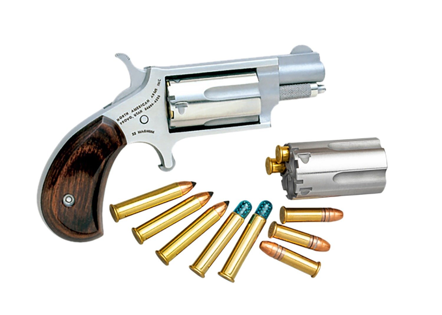 North American Arms 22MSC Mini-Revolver 22 LR/22 WMR 5 Shot 1.13" Stainless Steel Barrel, Frame & Cylinder, Rosewood Birdshead Grip Exposed Hammer