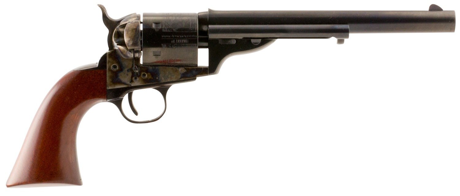Taylors & Company 550695 1872 Open Top Uberti 38 Special 6 Shot 7.50" Blued Octagon Barrel, Blued Engraved Cylinder, Color Case Hardened Steel Frame, Walnut Army Style Grip, Exposed Hammer