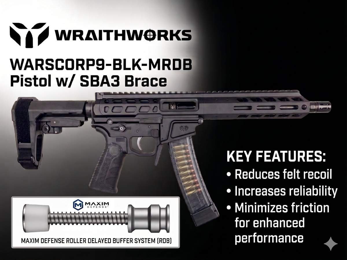 Wraithworks WARSCORP9 Roller Delayed Side-Charging AR Pistol - Black | 9mm | 8.5" Barrel | 7" M-LOK Rail | SB Tactical SBA3 Brace | Accepts Scorpion Mags