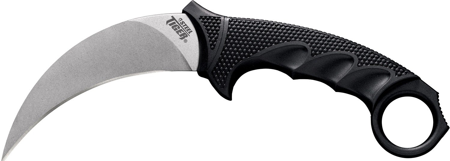 Cold Steel CS49KST Steel Tiger 4.75" Fixed Plain Stone Washed Japanese AUS-8A SS Blade/Black w/Thumb Shelf & Finger Ring Griv-Ex w/Overmold Kray-Ex Handle