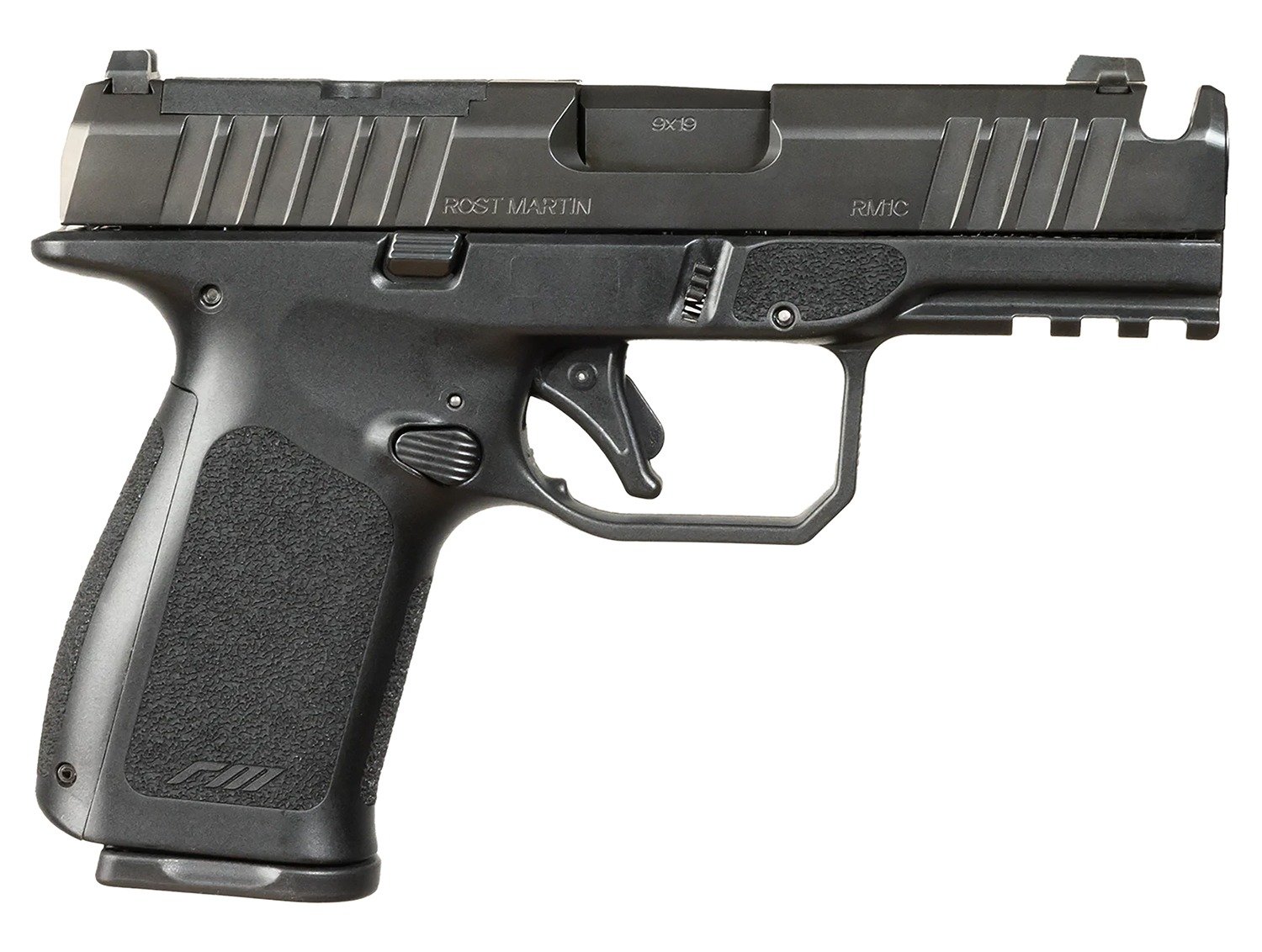 Rost Martin RM1CBLKOSP(COMP) RM1C 9mm Luger 17+1 4" Black Compensated Match Grade Barrel, Black Tenifer Optic Ready/Serrated Steel Slide, Black Polymer Frame w/Picatinny Rail, Textured Grip