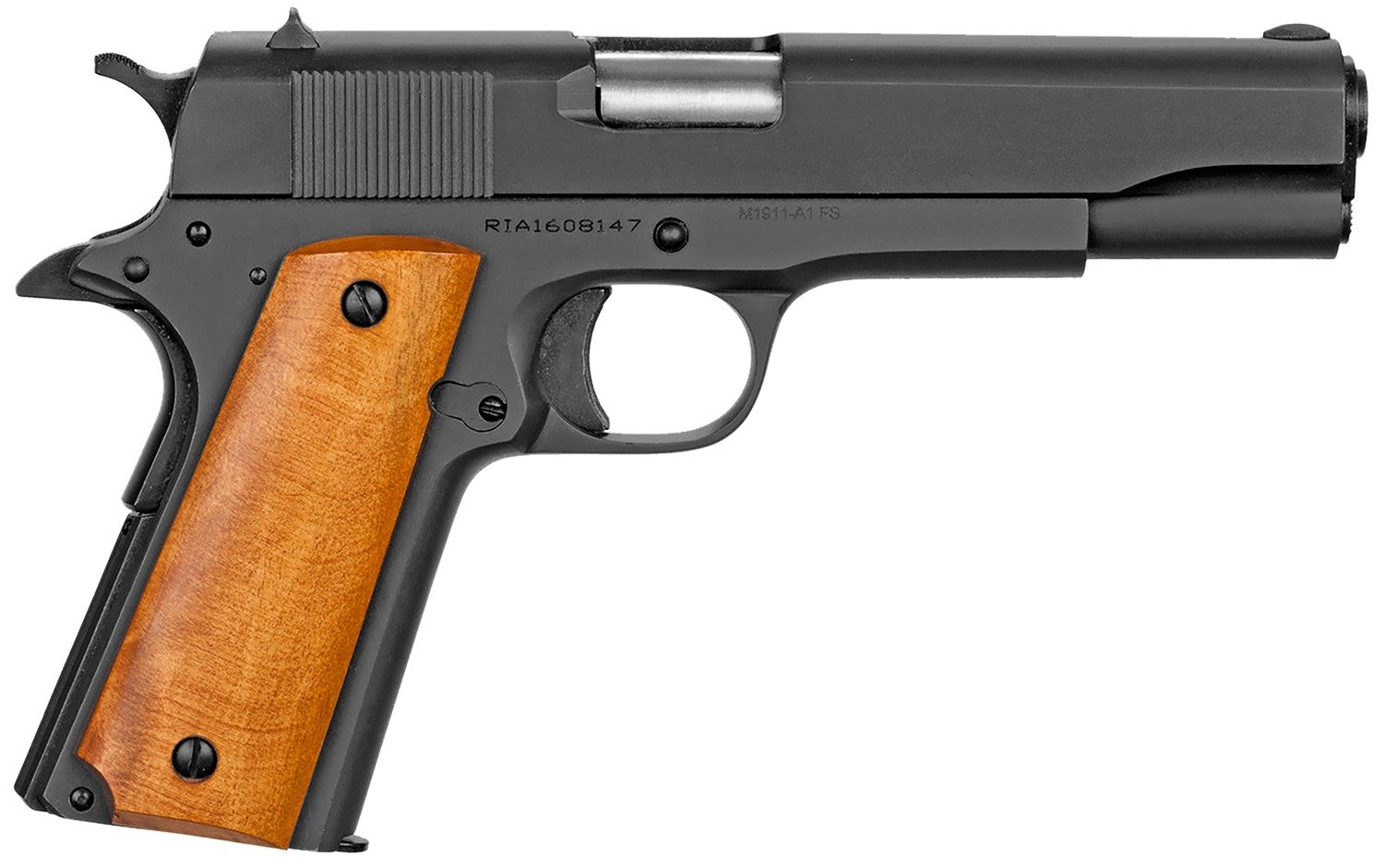 Rock Island 51815 GI Standard FS *CA Compliant 38 Super Caliber with 5" Barrel, 10+1 Capacity, Overall Black Parkerized Finish Steel Beavertail Frame, Serrated Slide & Wood Grip