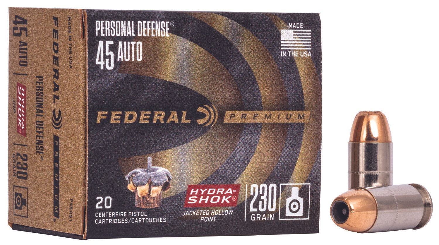 Federal P45HS1 Premium Personal Defense 45ACP 230gr Hydra-Shok Jacketed Hollow Point 20 Per Box/25 Case